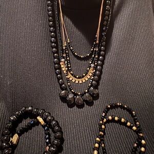 Layered Black and Gold Beaded Necklace Set - Women Jewelry